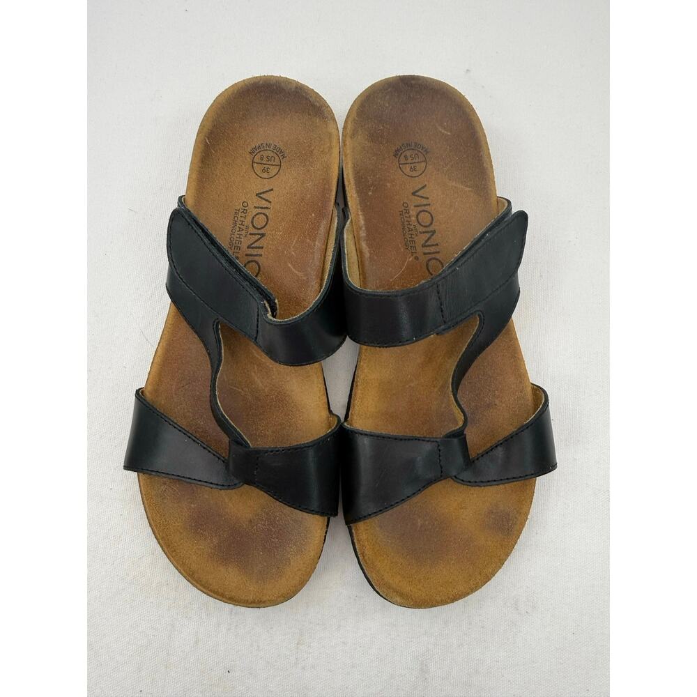 Vionic Pamplona Black Leather Orthotic Comfort Slide Sandals Size 8
